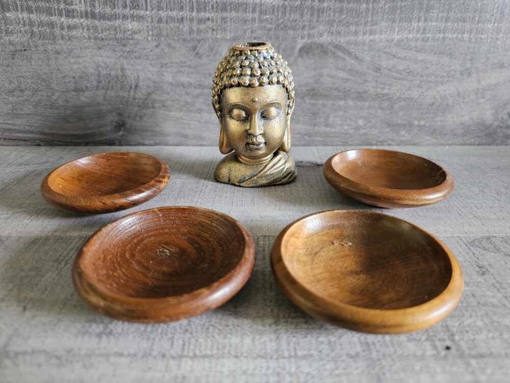 Mini 3" Gold Buddha Head Sculpture Home Decor W Wooden Bowls G23h